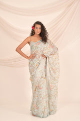Slate Grey Floral Printed Linen Saree - Chinaya Banaras