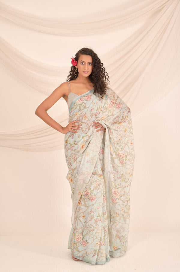 Slate Grey Floral Printed Linen Saree - Chinaya Banaras