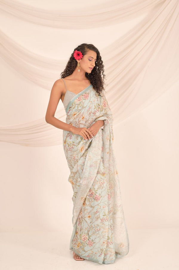 Slate Grey Floral Printed Linen Saree - Chinaya Banaras