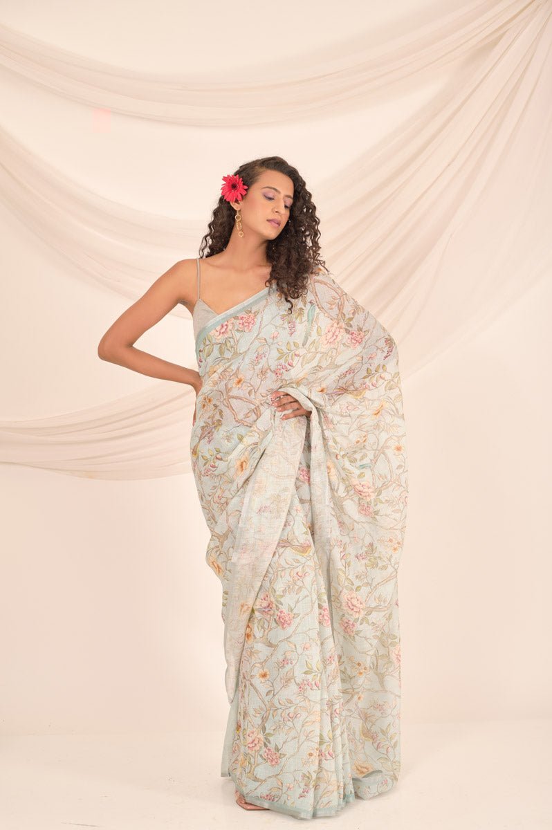 Slate Grey Floral Printed Linen Saree - Chinaya Banaras