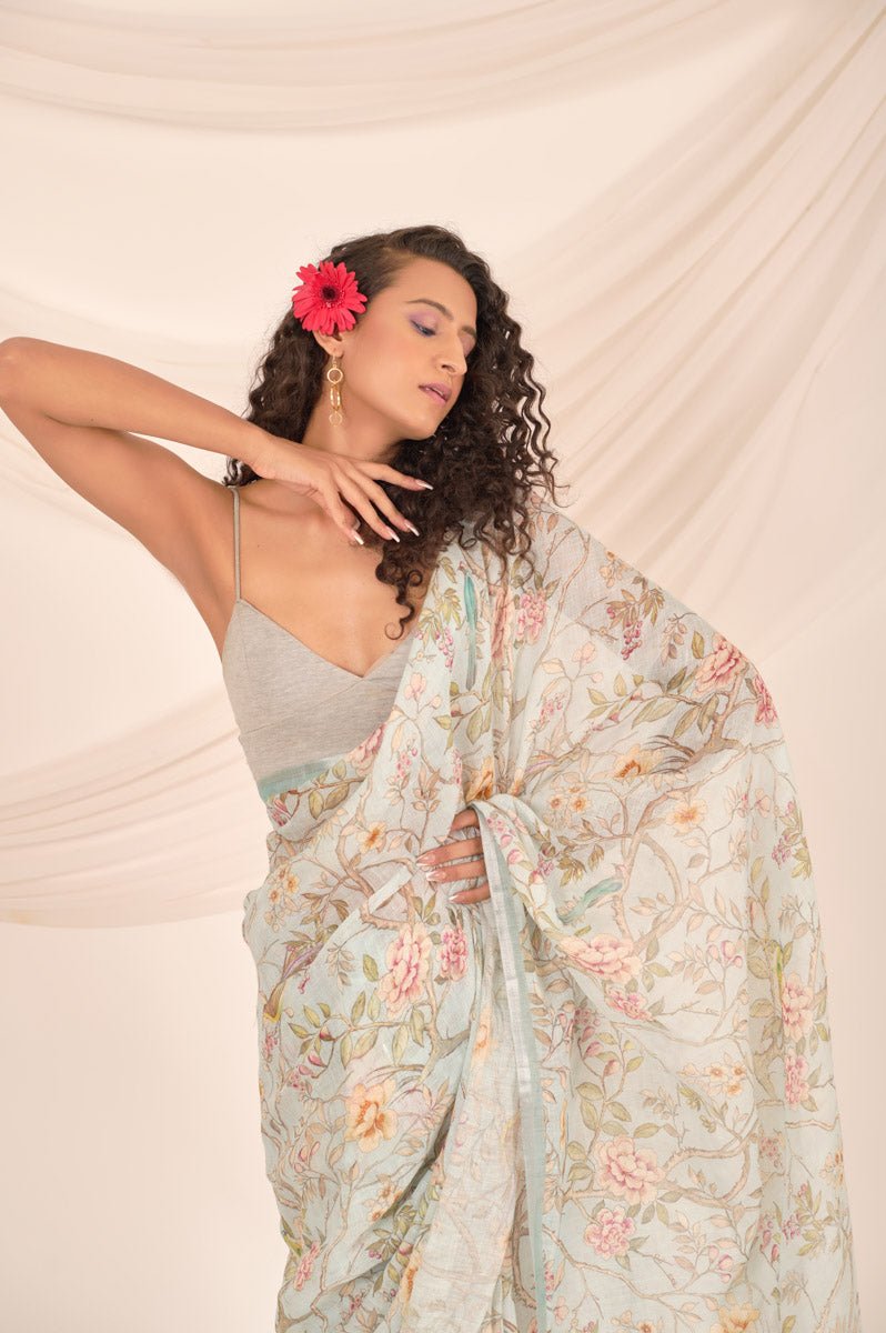 Slate Grey Floral Printed Linen Saree - Chinaya Banaras