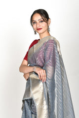 Slate Grey Stripe Woven Banarasi Cotton Saree - Chinaya Banaras