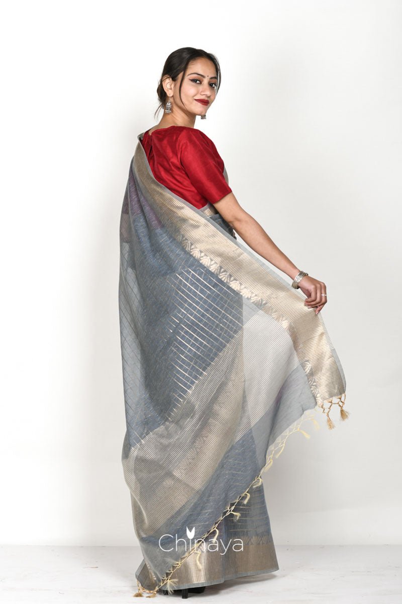 Slate Grey Stripe Woven Banarasi Cotton Saree - Chinaya Banaras