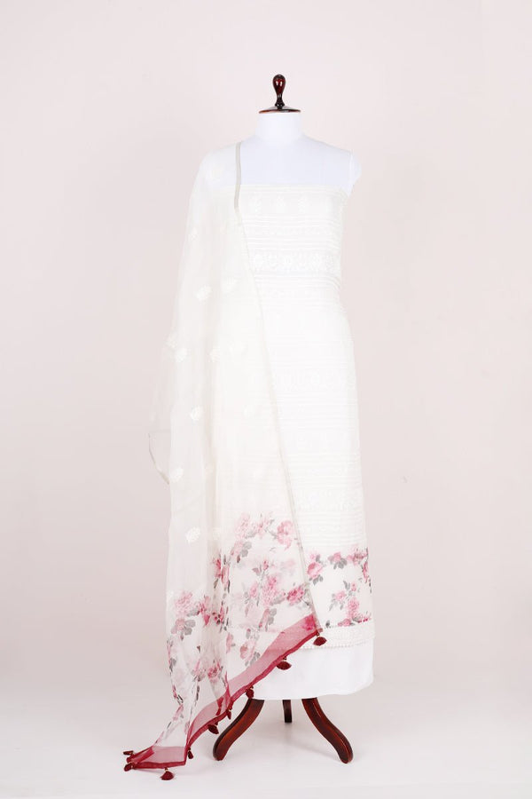 Snowy White Embroided Organza Silk Dress Material - Chinaya Banaras