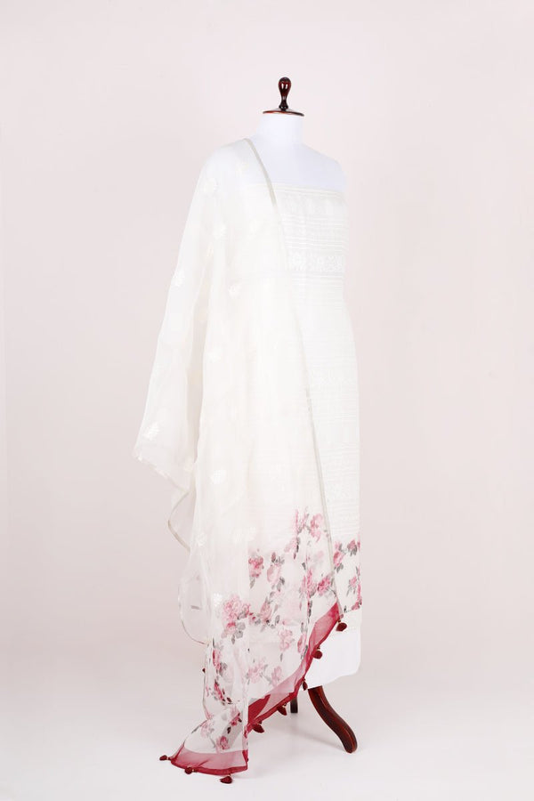 Snowy White Embroided Organza Silk Dress Material - Chinaya Banaras
