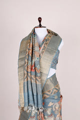 Steel Blue Pichwai Printed Tussar Silk Saree - Chinaya Banaras