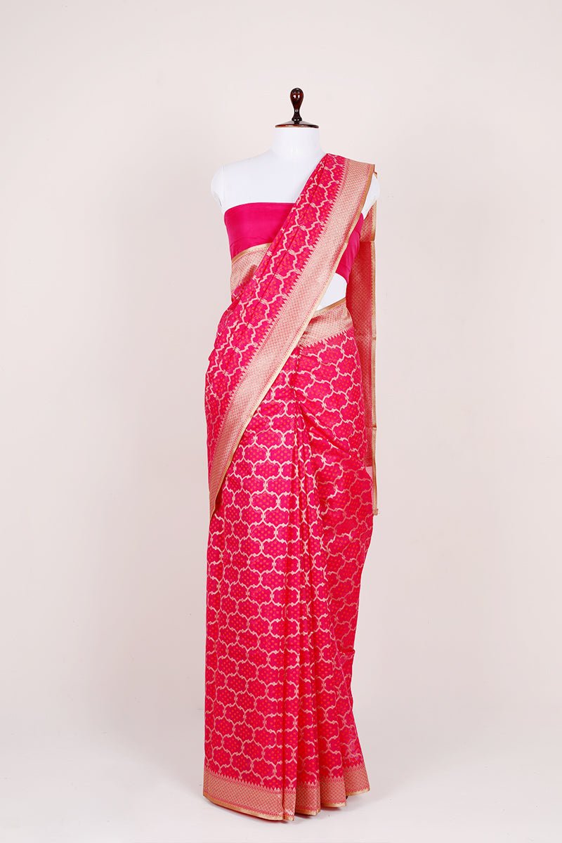 Strawberry Pink Woven Banarasi Cotton Saree - Chinaya Banaras