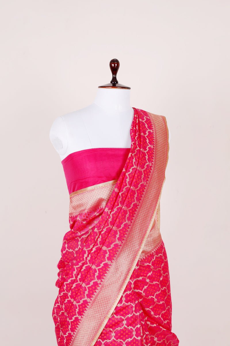 Strawberry Pink Woven Banarasi Cotton Saree - Chinaya Banaras