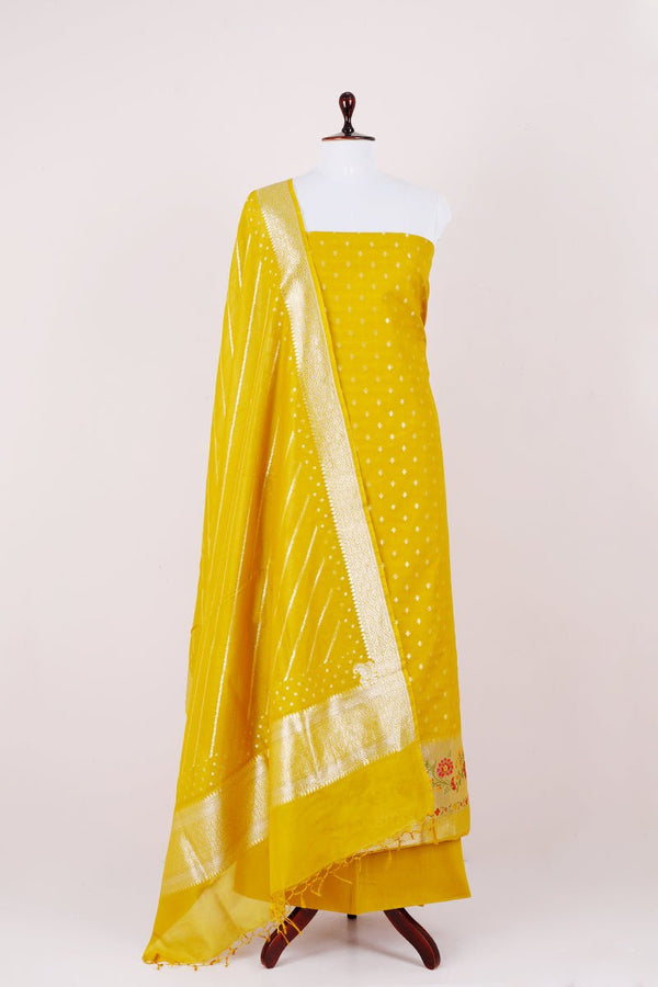 Sunflower Yellow Handwoven Chanderi Silk Dress Material - Chinaya Banaras