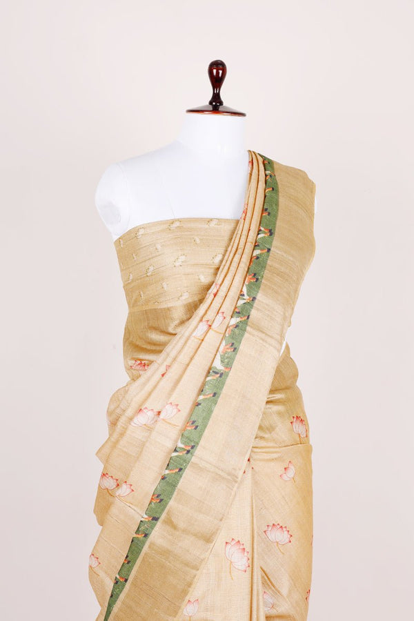 Tan Yellow Pichwai Printed Tussar Silk Saree - Chinaya Banaras