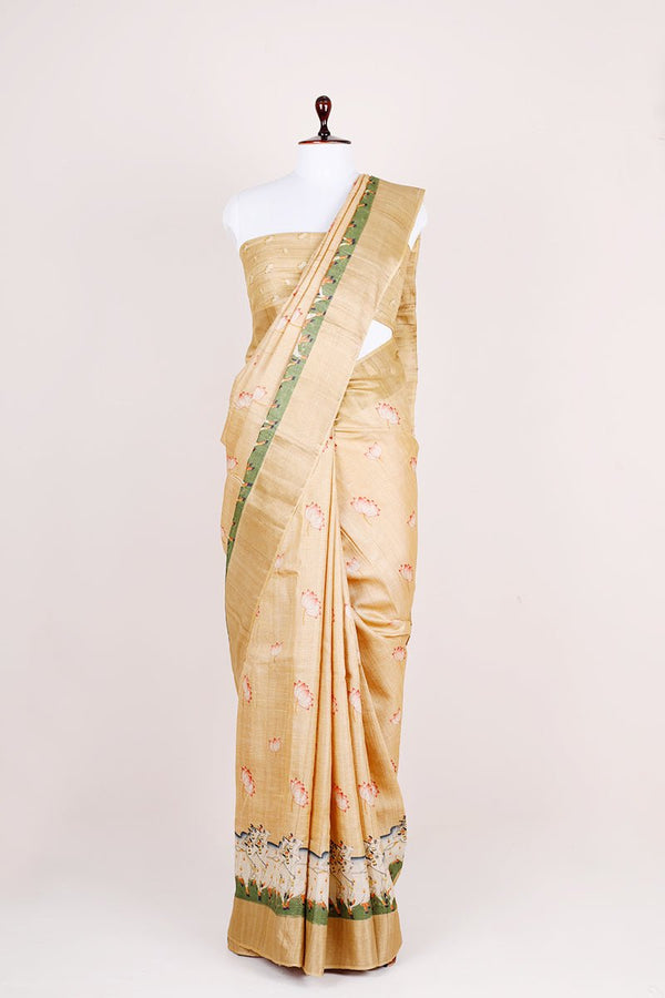 Tan Yellow Pichwai Printed Tussar Silk Saree - Chinaya Banaras