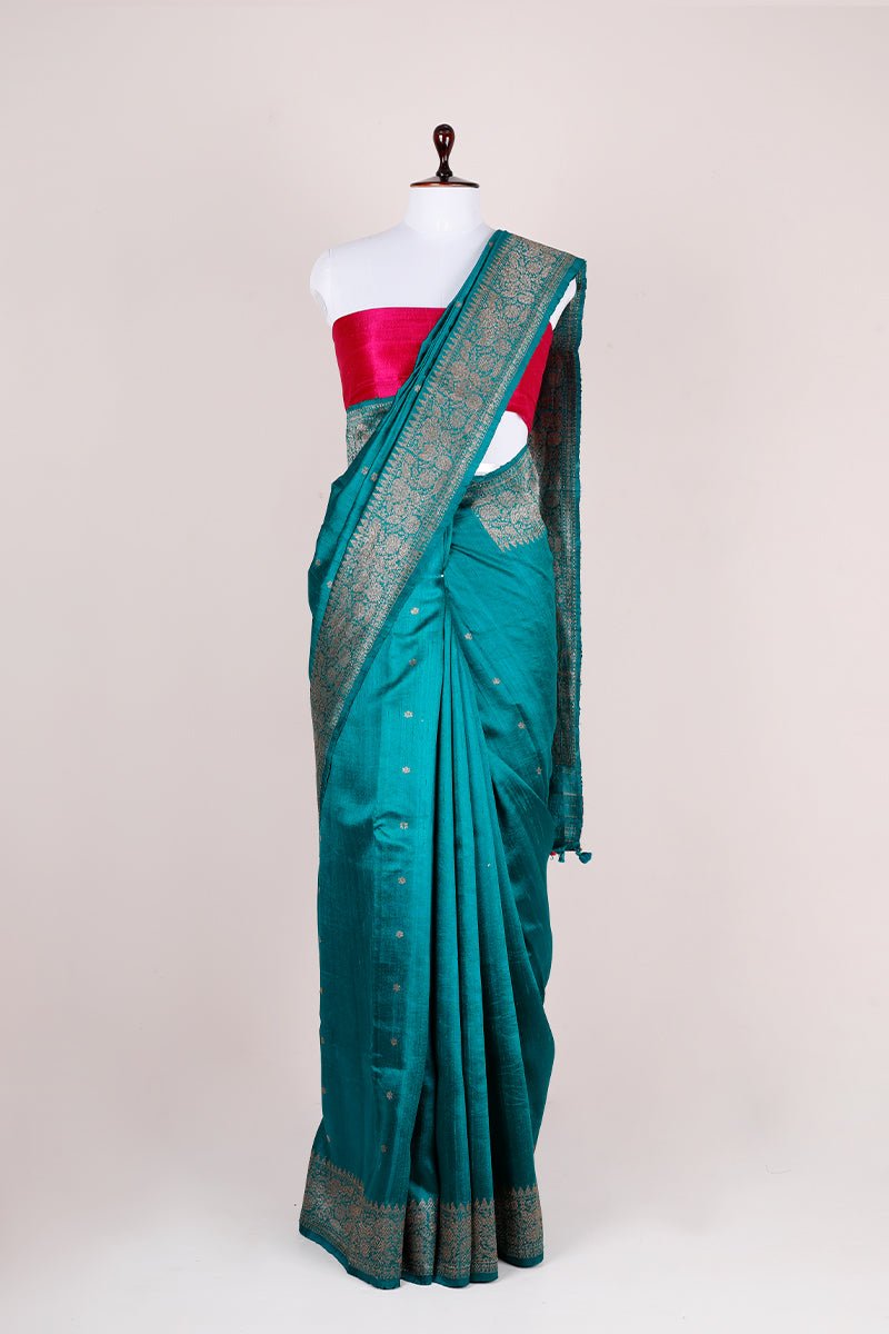 Teal Blue Handwoven Raw Silk Saree - Chinaya Banaras