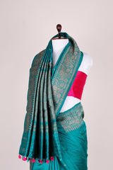 Teal Blue Handwoven Raw Silk Saree - Chinaya Banaras