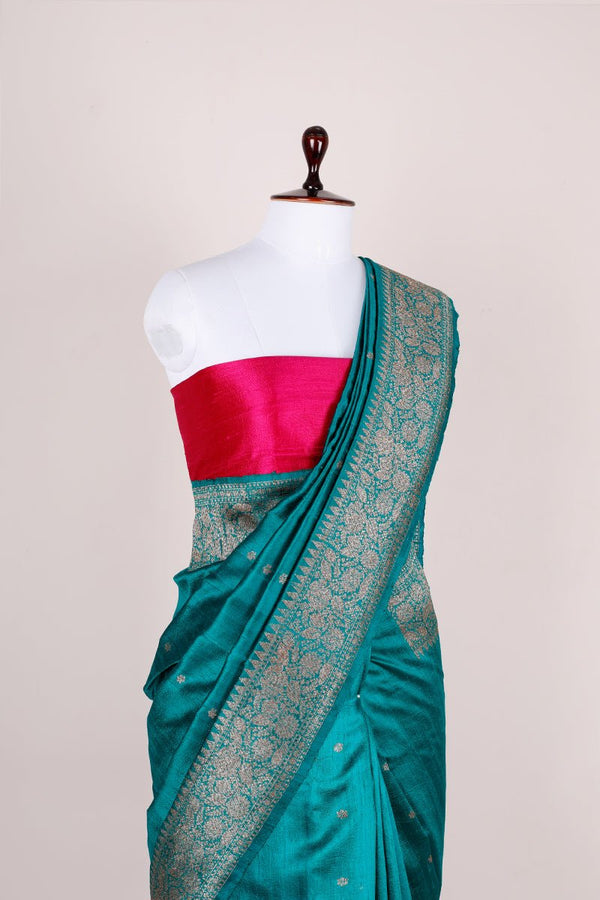 Teal Blue Handwoven Raw Silk Saree - Chinaya Banaras
