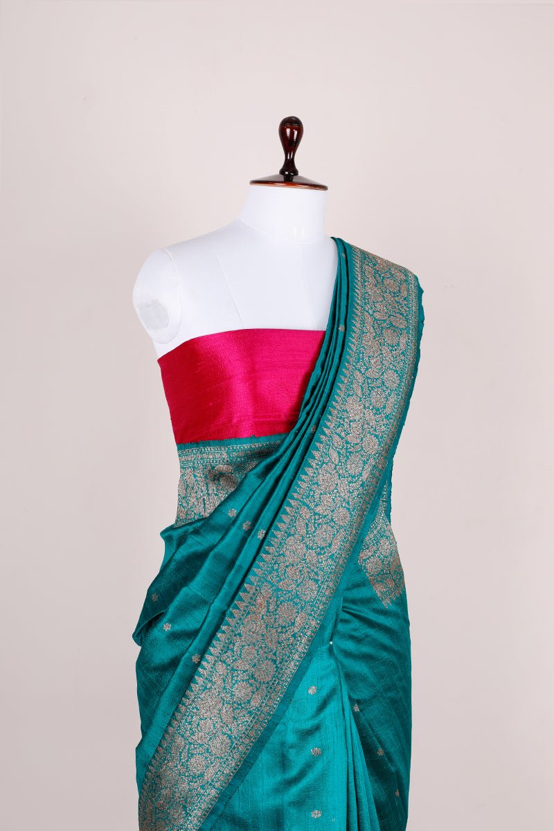 Teal Blue Handwoven Raw Silk Saree - Chinaya Banaras