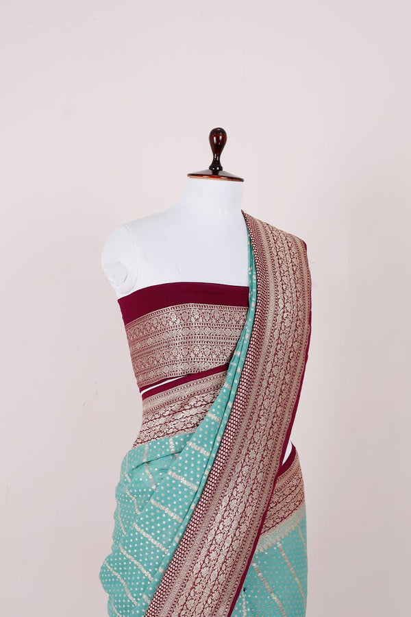 Torquoise Blue Handwoven Georgette Khaddi Silk Saree - Chinaya Banaras