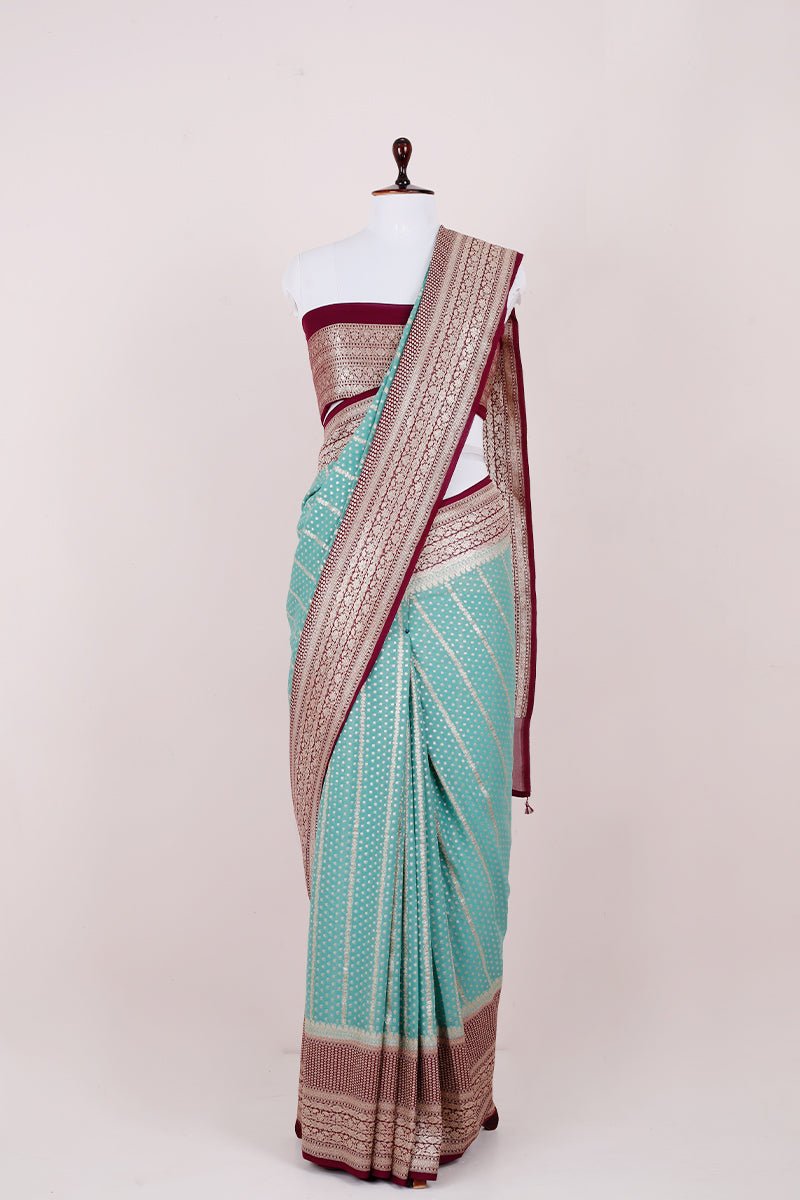 Torquoise Blue Handwoven Georgette Khaddi Silk Saree - Chinaya Banaras