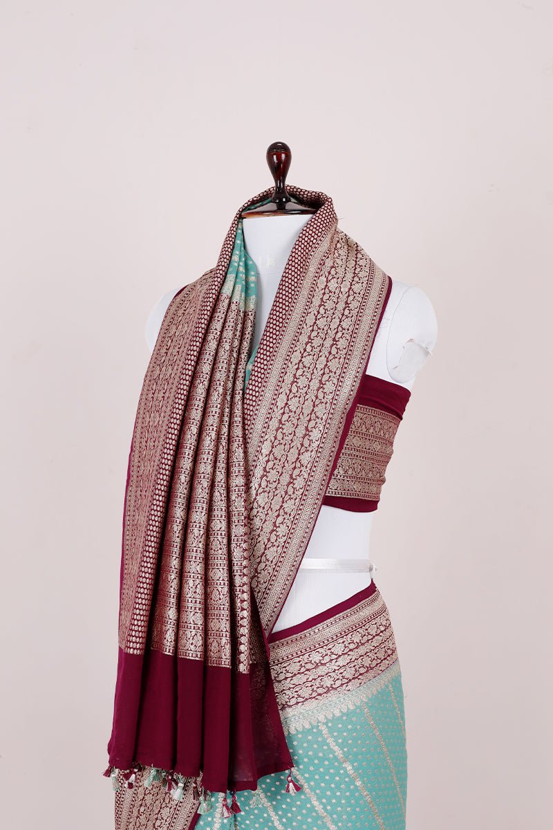 Torquoise Blue Handwoven Georgette Khaddi Silk Saree - Chinaya Banaras