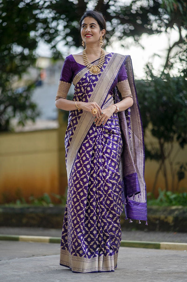 Women In  Purple Handwoven Banarasi Silk Saree At Chinaya Banaras