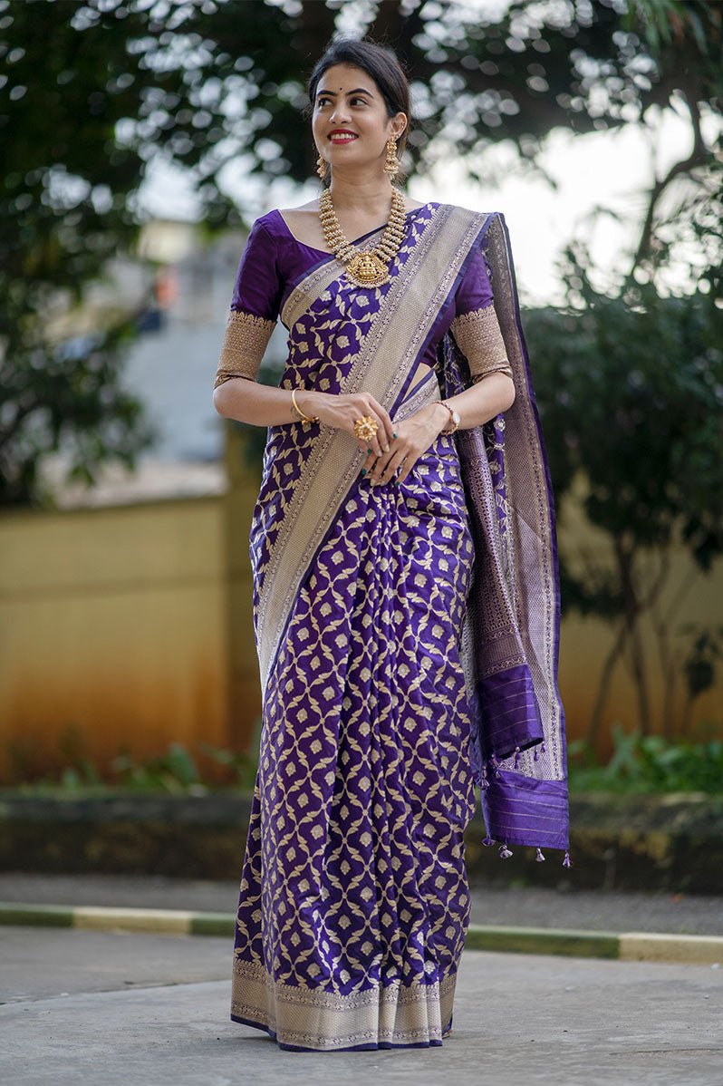 Indian women draped beautifully True Purple Handwoven Banarasi Silk Saree by chinaya banaras
