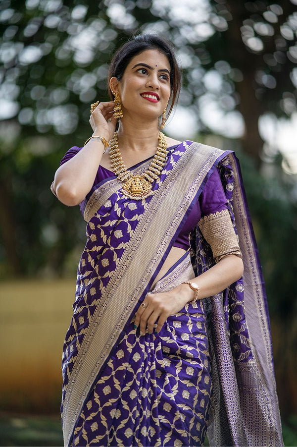 True Purple Handwoven Banarasi Silk Saree - Chinaya Banaras