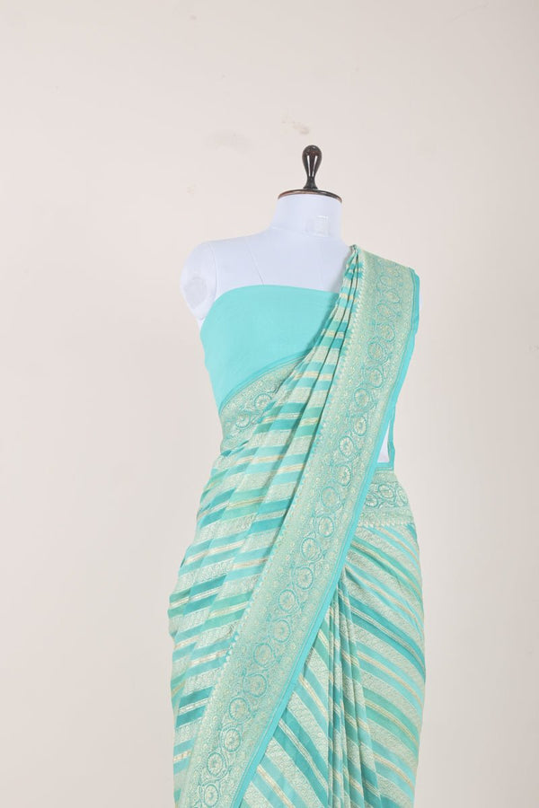 Turquoise Rangkat Khaddi Georgette Handloom Banarasi Saree - Chinaya Banaras