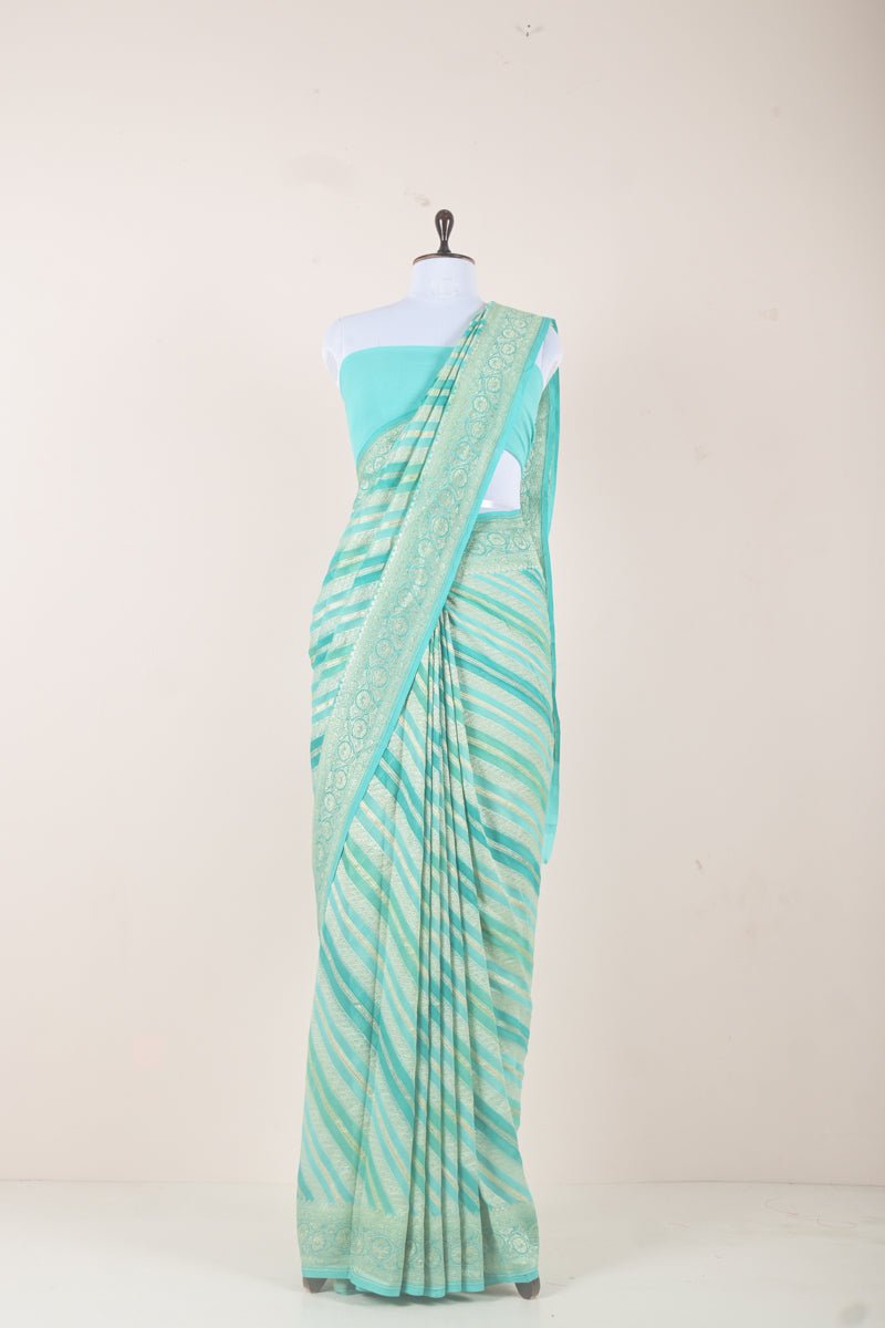 Turquoise Rangkat Khaddi Georgette Handloom Banarasi Saree - Chinaya Banaras