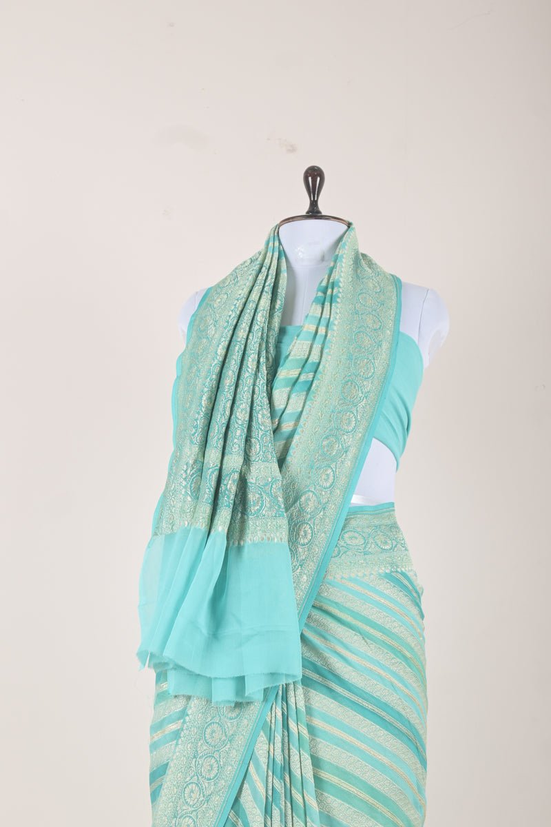 Turquoise Rangkat Khaddi Georgette Handloom Banarasi Saree - Chinaya Banaras