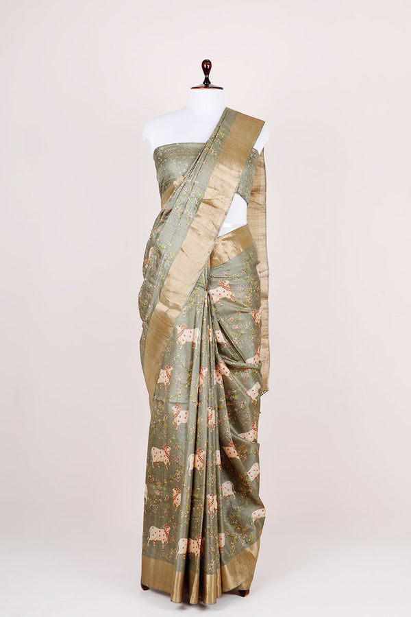 Viridian Green Pichwai Printed Tussar Silk Saree - Chinaya Banaras