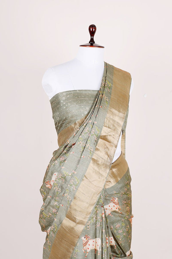 Viridian Green Pichwai Printed Tussar Silk Saree - Chinaya Banaras