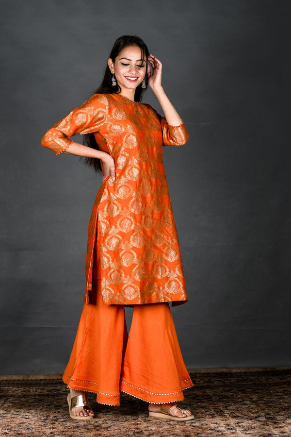 Vivid Orange Woven Chanderi Silk Kurta Set - Chinaya Banaras