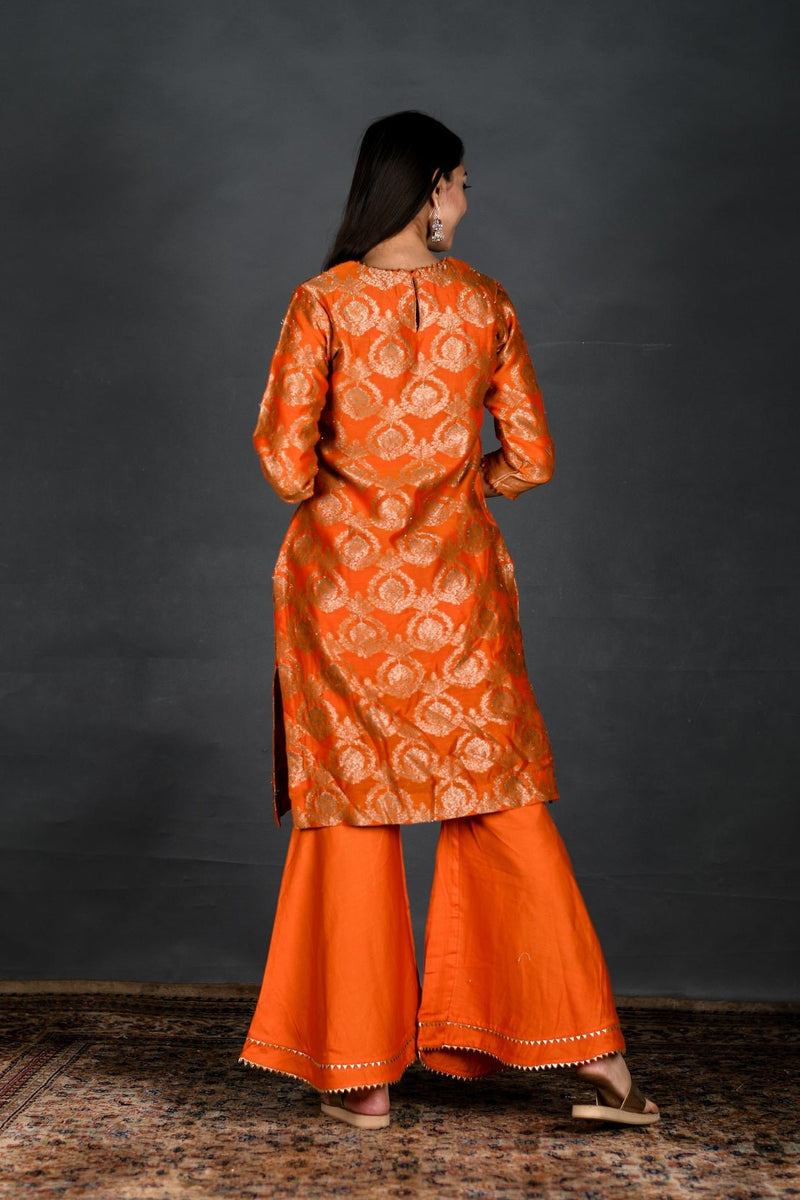 Vivid Orange Woven Chanderi Silk Kurta Set - Chinaya Banaras