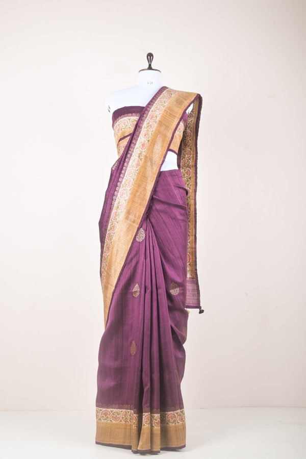Voilet Handwoven Raw Silk Saree - Chinaya Banaras