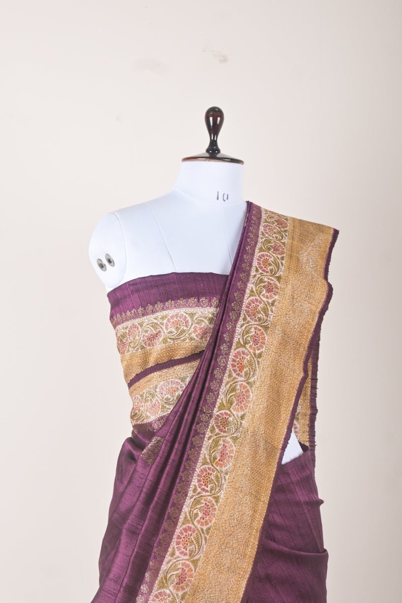 Voilet Handwoven Raw Silk Saree - Chinaya Banaras