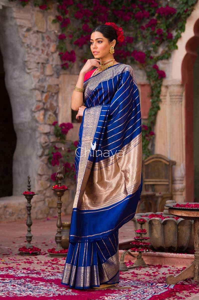 Voilet Virgule Navy Blue Handwoven Banarasi Silk Saree - Chinaya Banaras