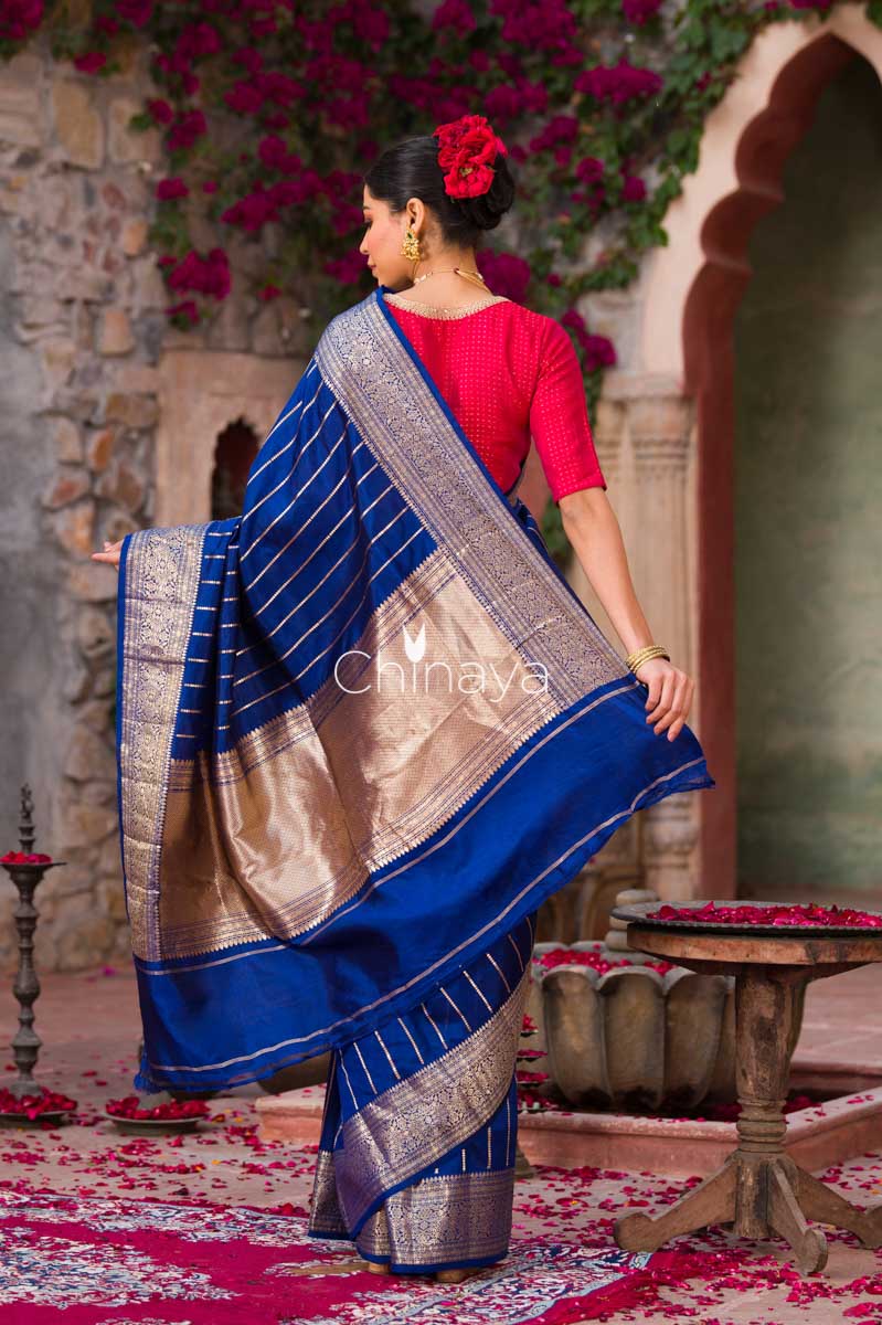 Voilet Virgule Navy Blue Handwoven Banarasi Silk Saree - Chinaya Banaras