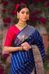 Voilet Virgule Navy Blue Handwoven Banarasi Silk Saree - Chinaya Banaras