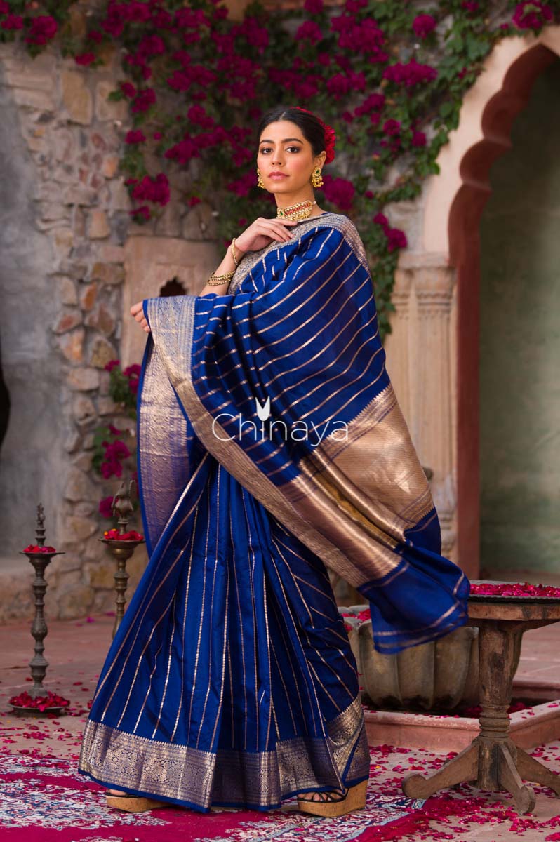 Voilet Virgule Navy Blue Handwoven Banarasi Silk Saree - Chinaya Banaras