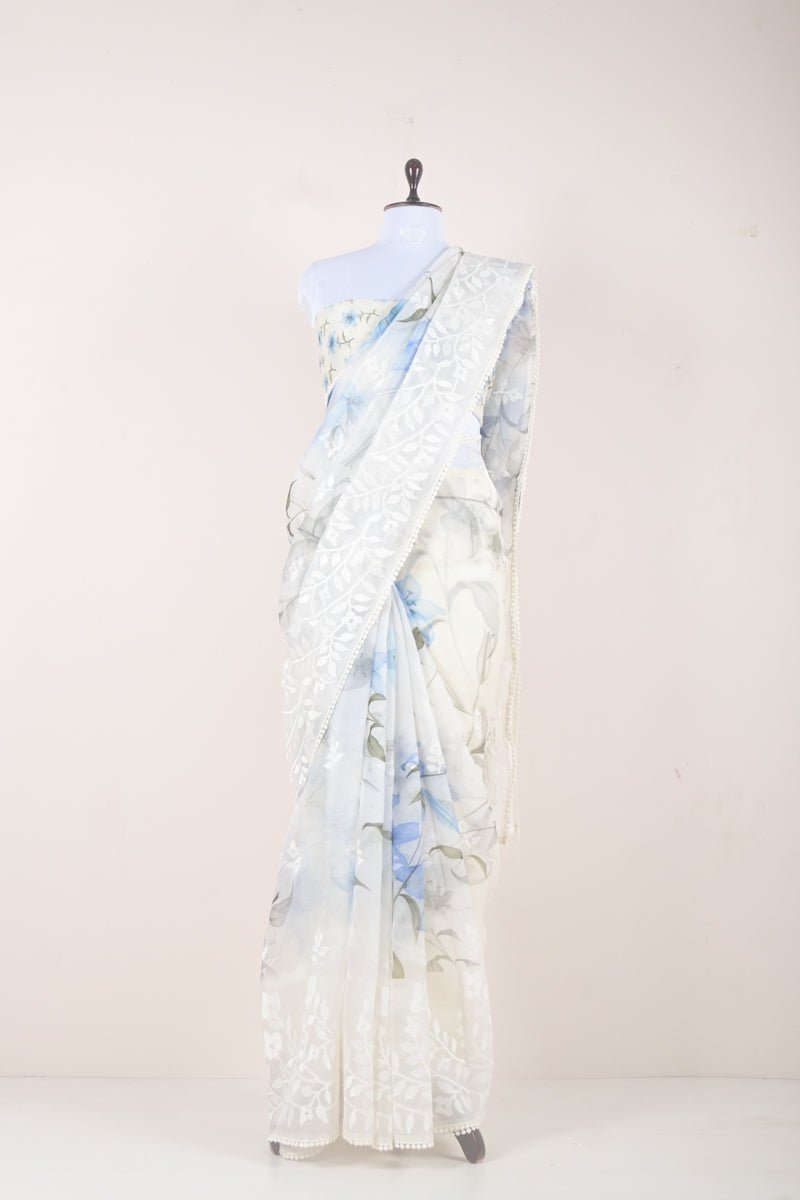 White & Blue Floral Digital Printed Organza Silk Saree - Chinaya Banaras