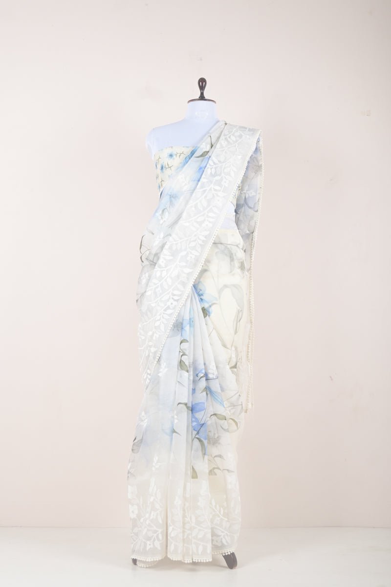 White & Blue Floral Digital Printed Organza Silk Saree - Chinaya Banaras