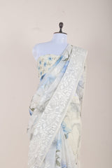 White & Blue Floral Digital Printed Organza Silk Saree - Chinaya Banaras