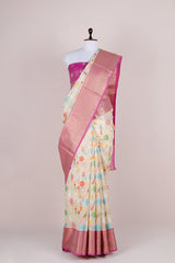White Floral Jaal Woven Banarasi Cotton Saree - Chinaya Banaras