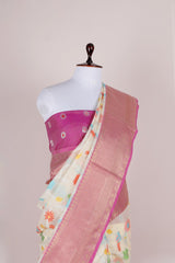 White Floral Jaal Woven Banarasi Cotton Saree - Chinaya Banaras