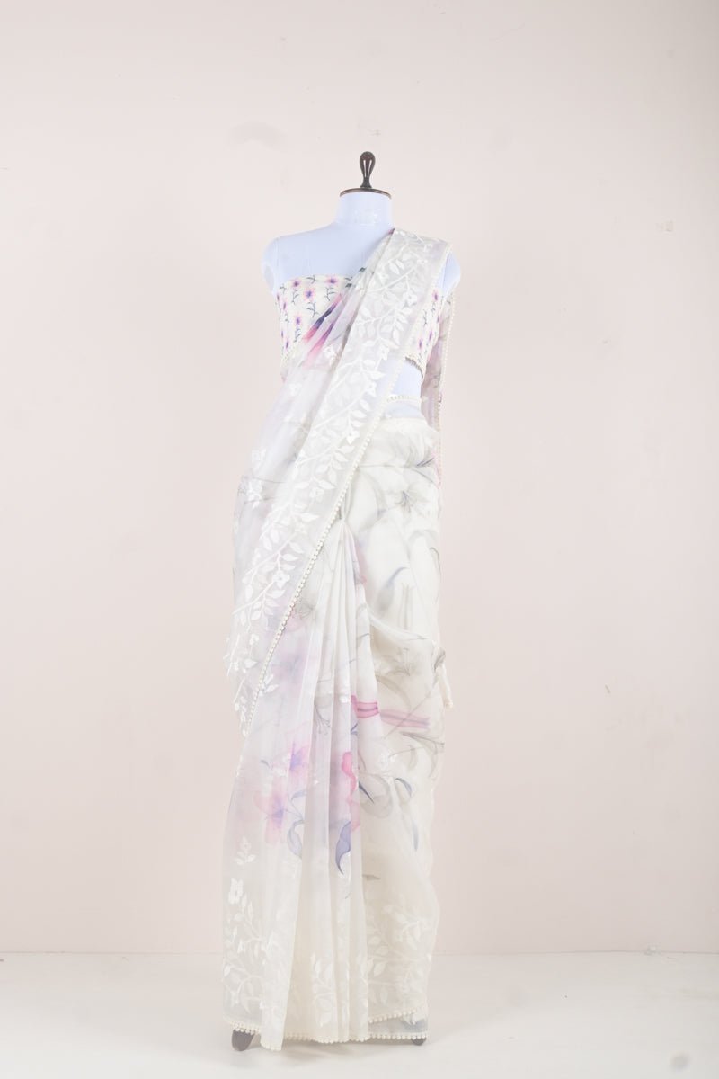 White & Lilac Floral Digital Printed Organza Silk Saree - Chinaya Banaras