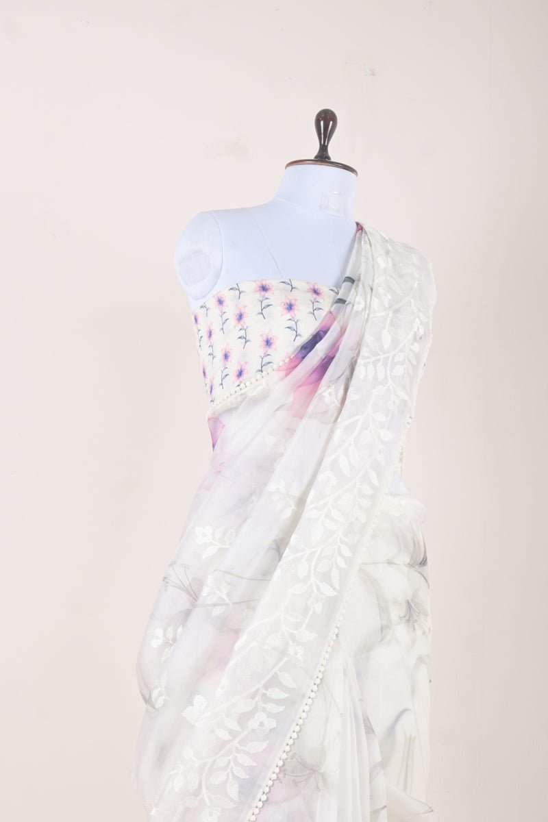 White & Lilac Floral Digital Printed Organza Silk Saree - Chinaya Banaras