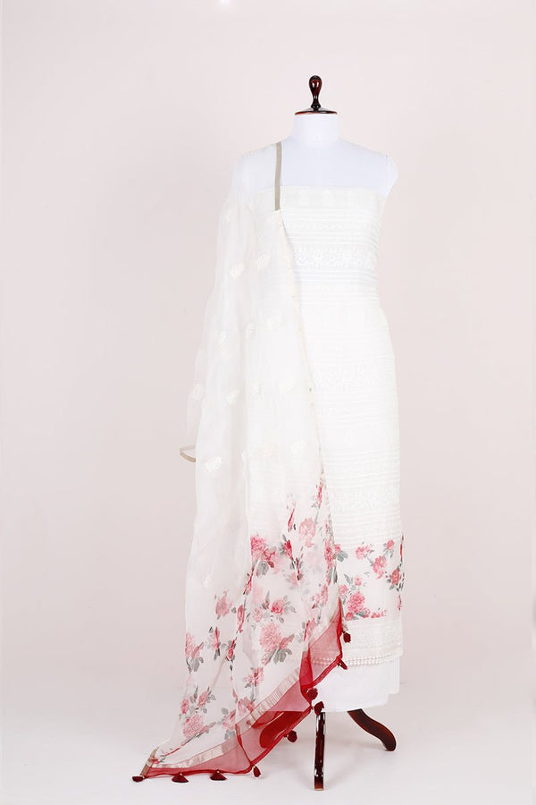 White & Pink Embroided Organza Silk Dress Material - Chinaya Banaras