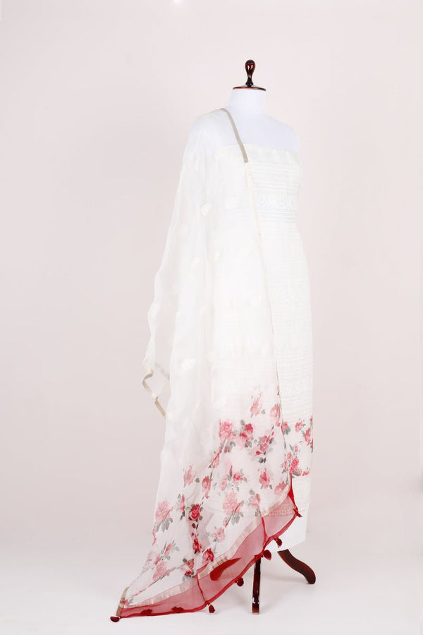 White & Pink Embroided Organza Silk Dress Material - Chinaya Banaras