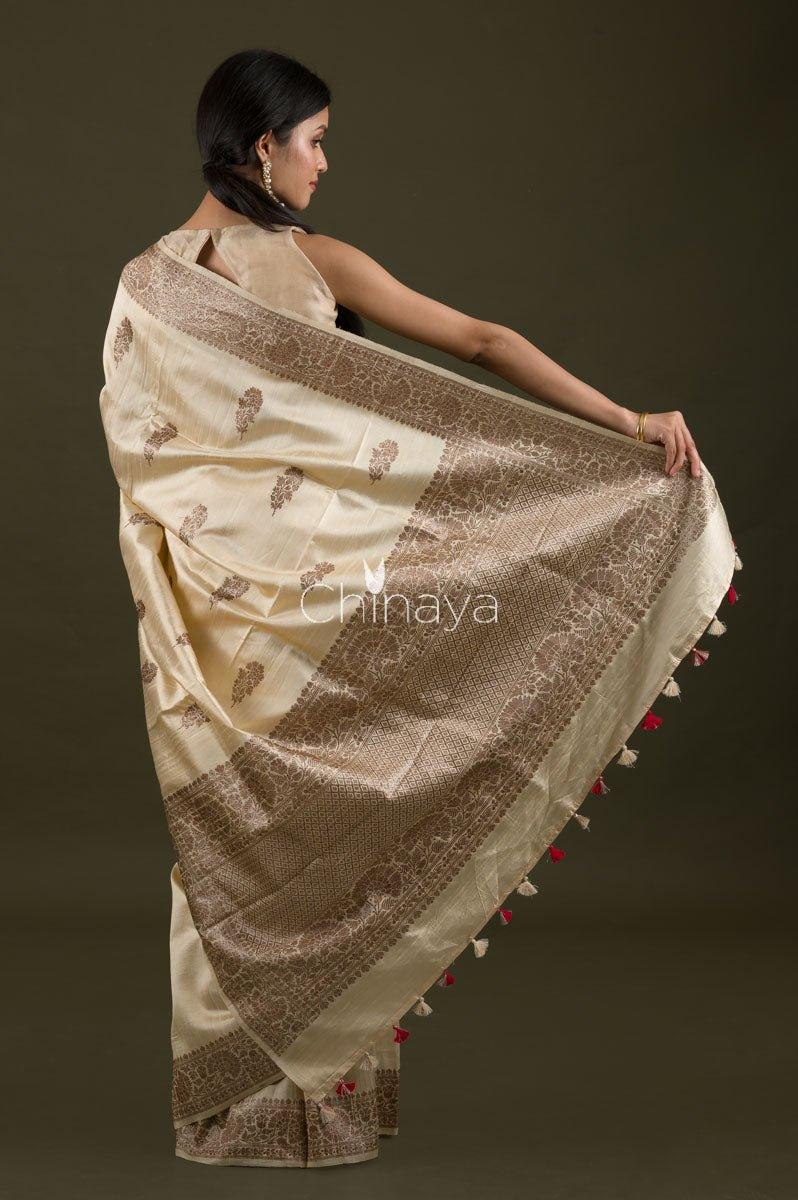 White Raw Silk Saree - Chinaya Banaras