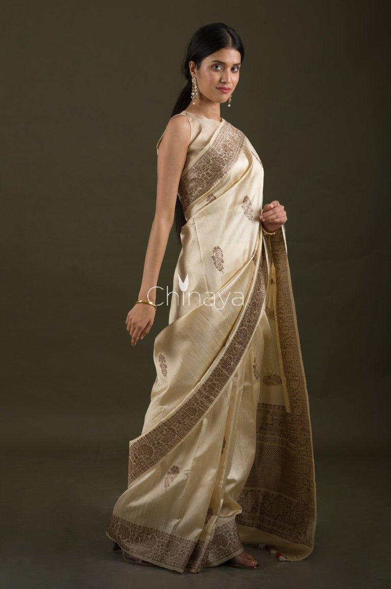 White Raw Silk Saree - Chinaya Banaras