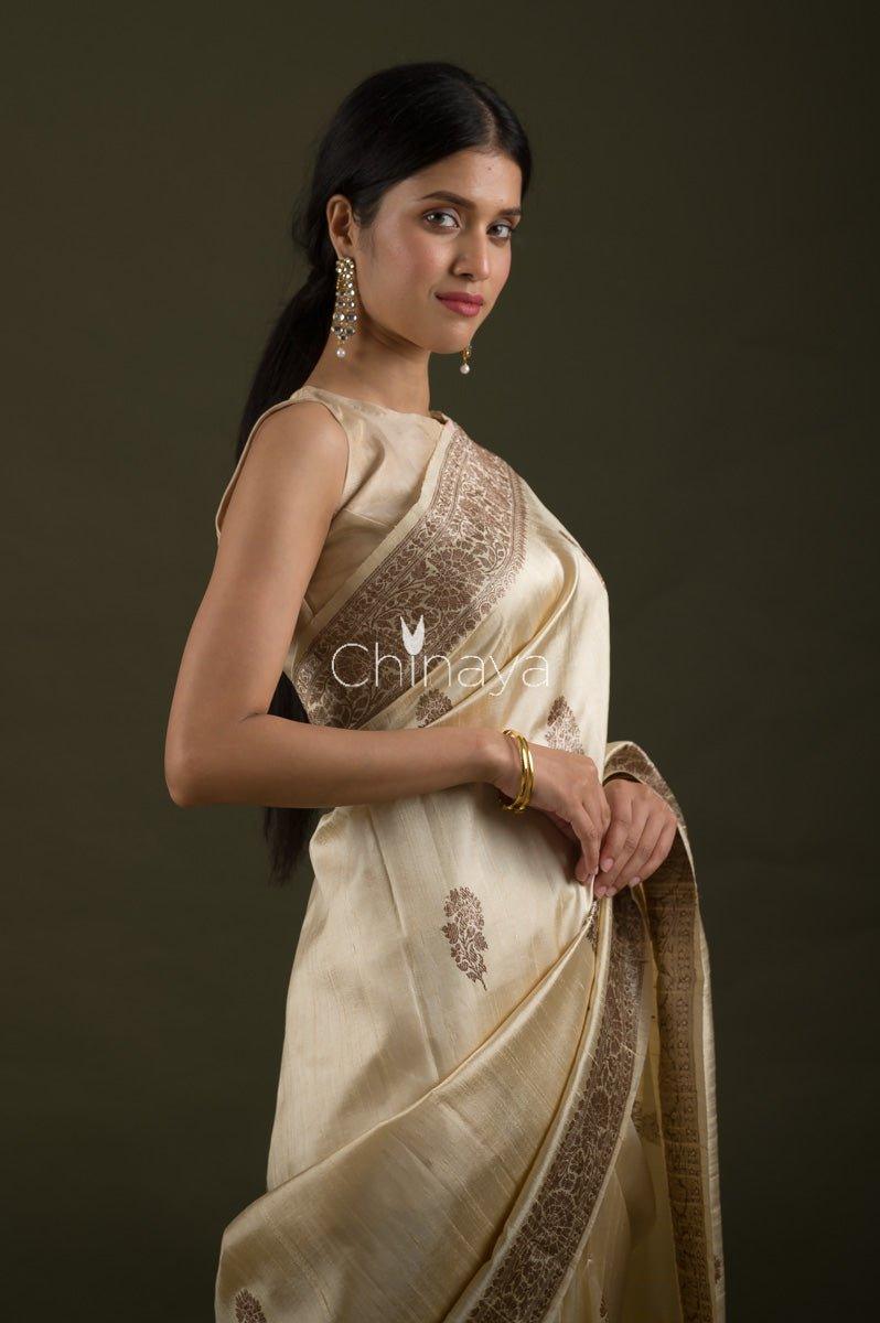 White Raw Silk Saree - Chinaya Banaras